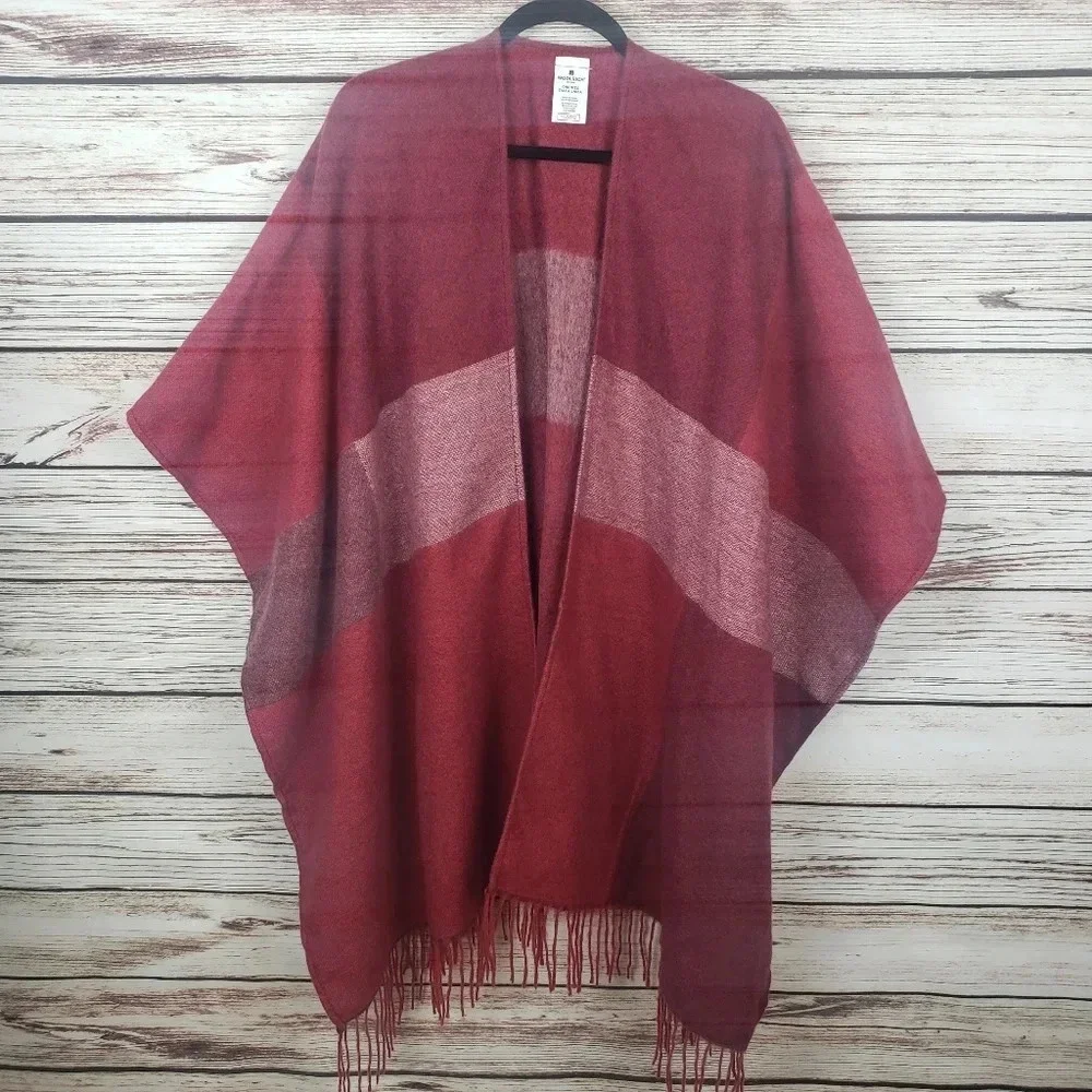 Woolrich Red Fringed Poncho Wrap Cape